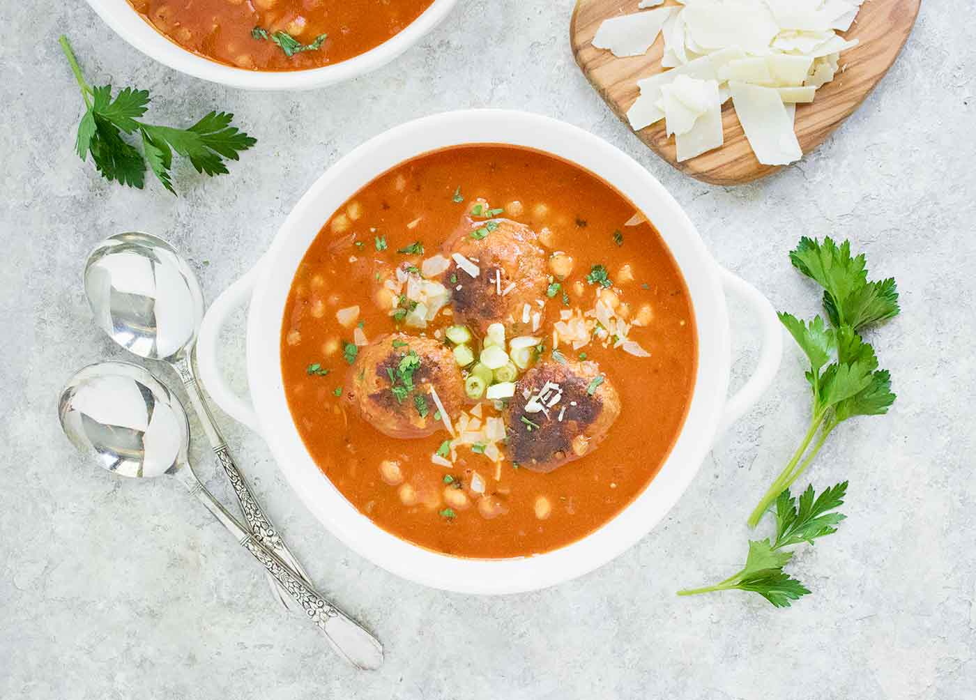 Instant Pot Italian Meatball Soup with Fregola Pastas in a bowl