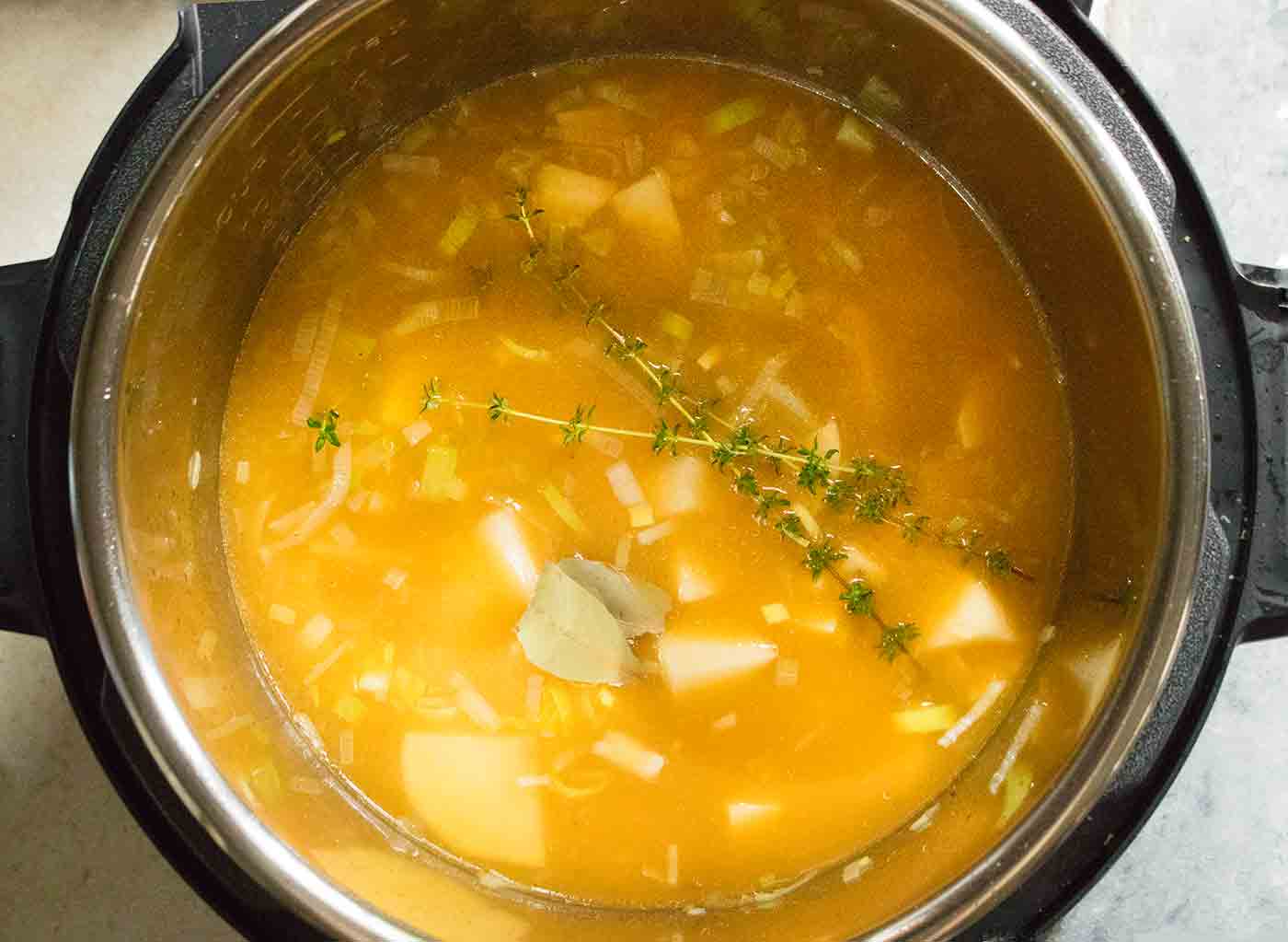Potato leek soup ready to cook in the Instant Pot