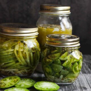 Jars of green tomato pickles
