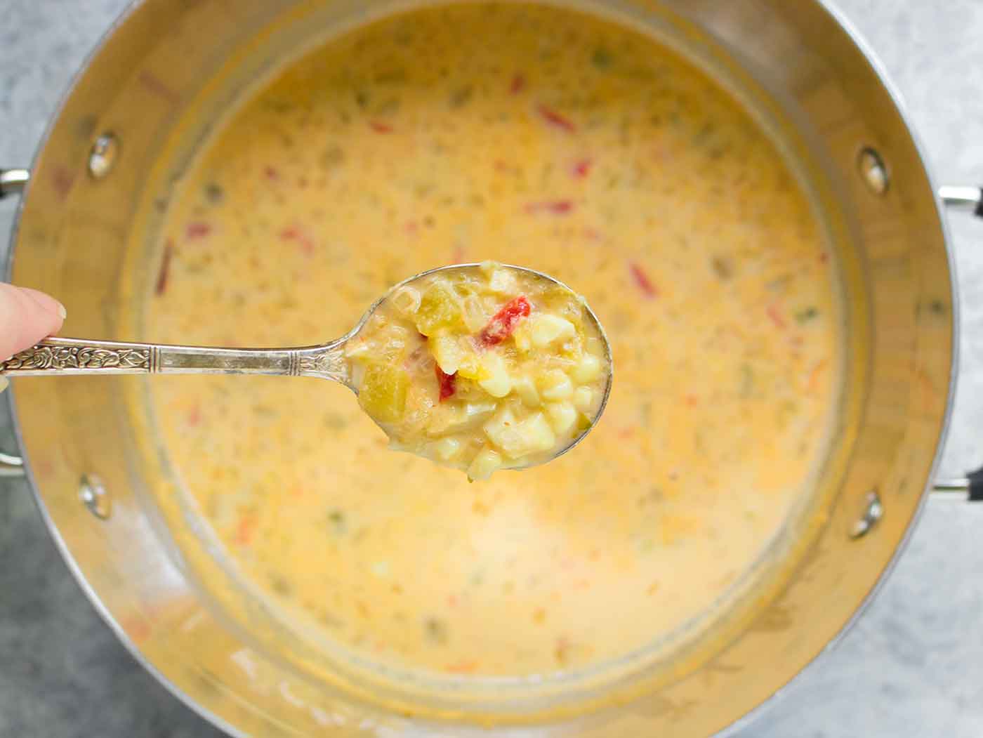 Pot of Smoky hatch chile corn chowder