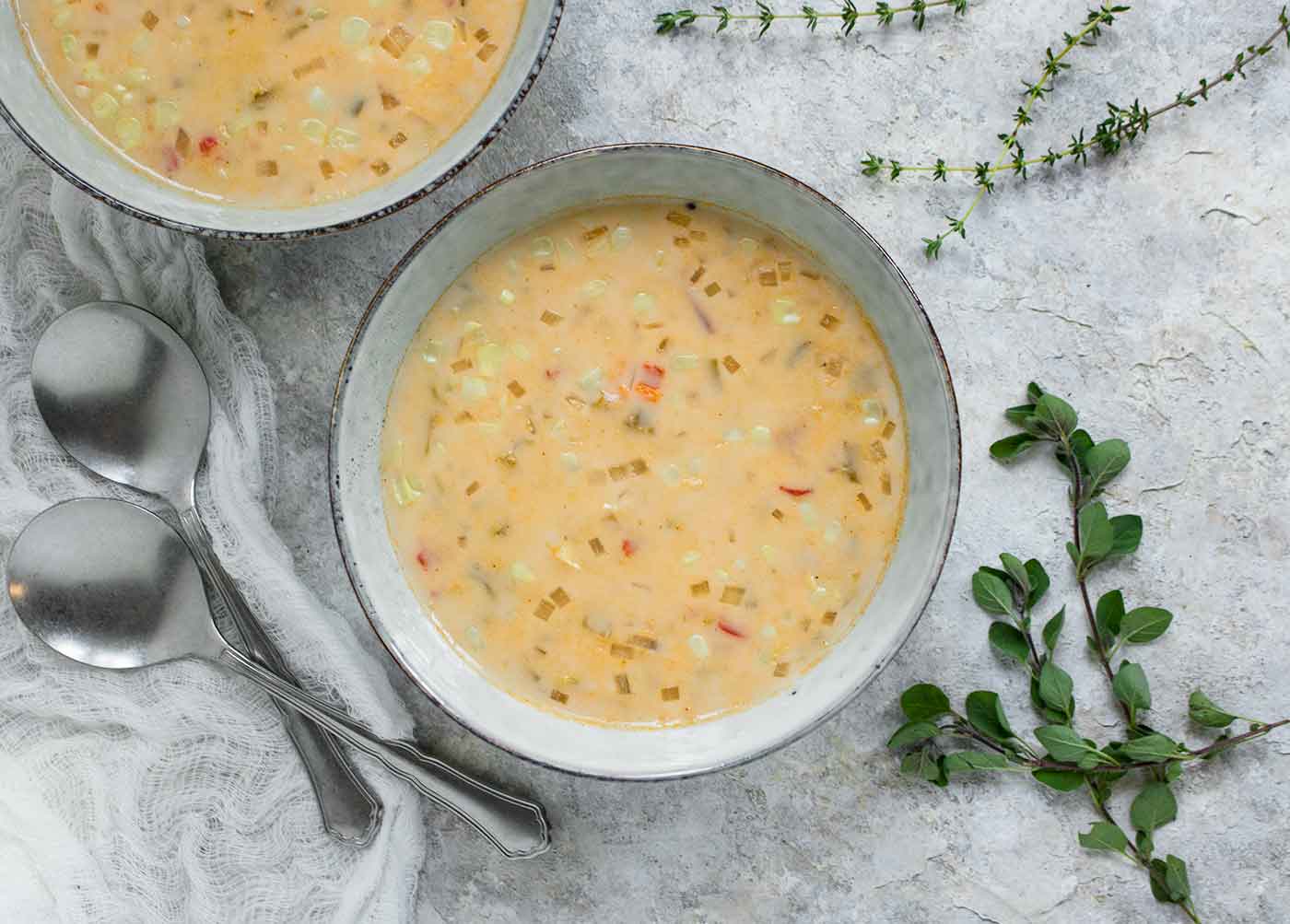 Smoky hatch chile corn chowder in a bowl, ready to eat