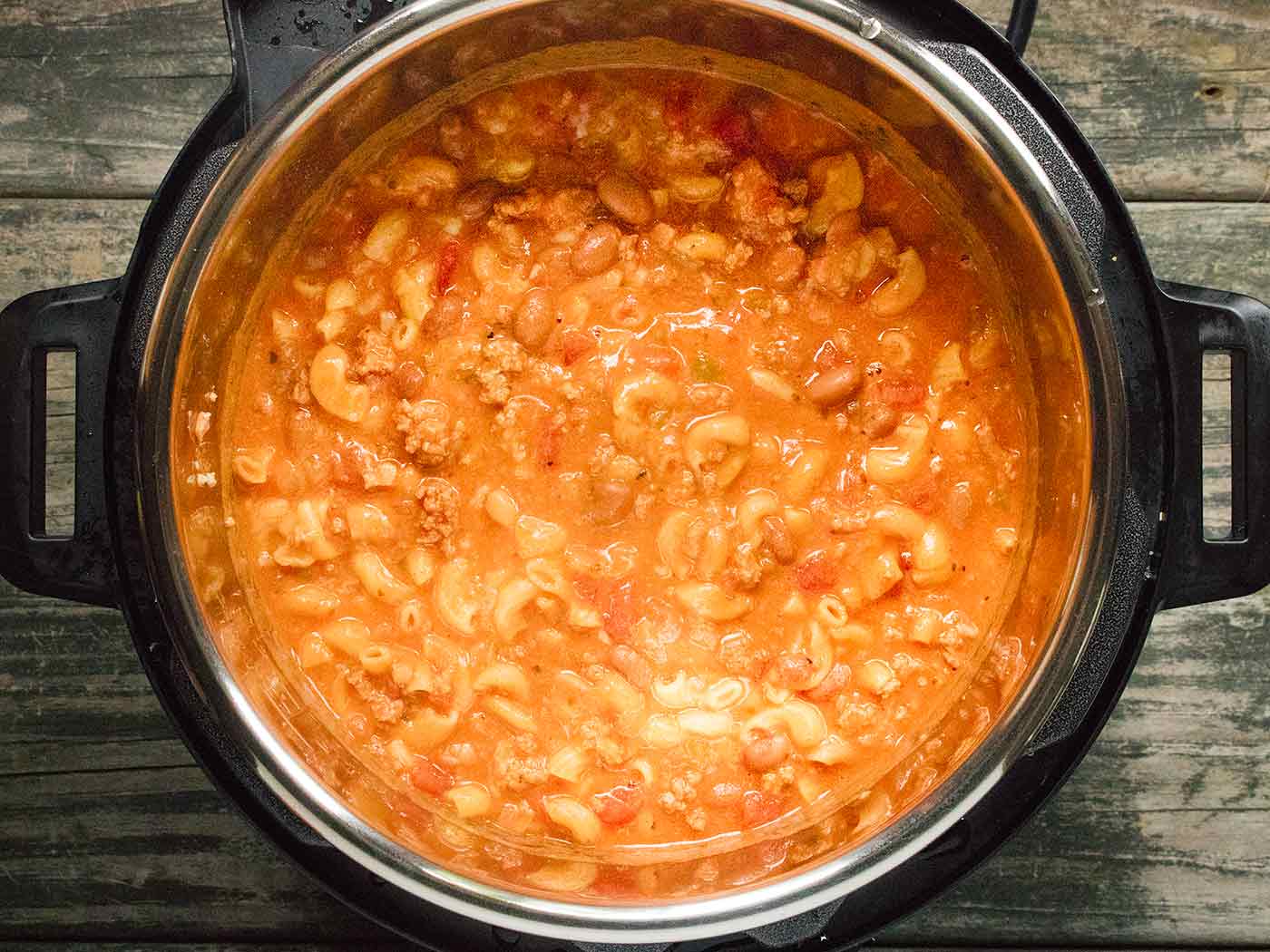 Instant Pot Chili Mac with Turkey and cheese, ready to serve from the pressure cooker