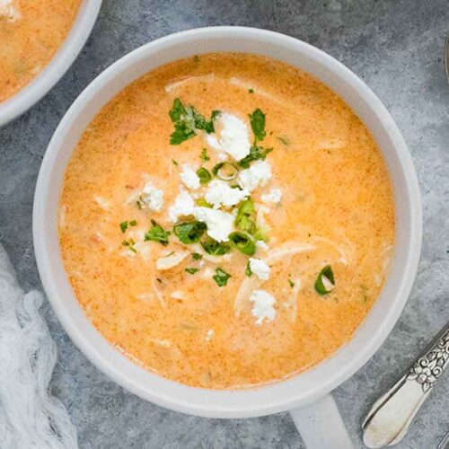 Overhead photo of a bowl of Buffalo Blue Cheese Chicken Soup.