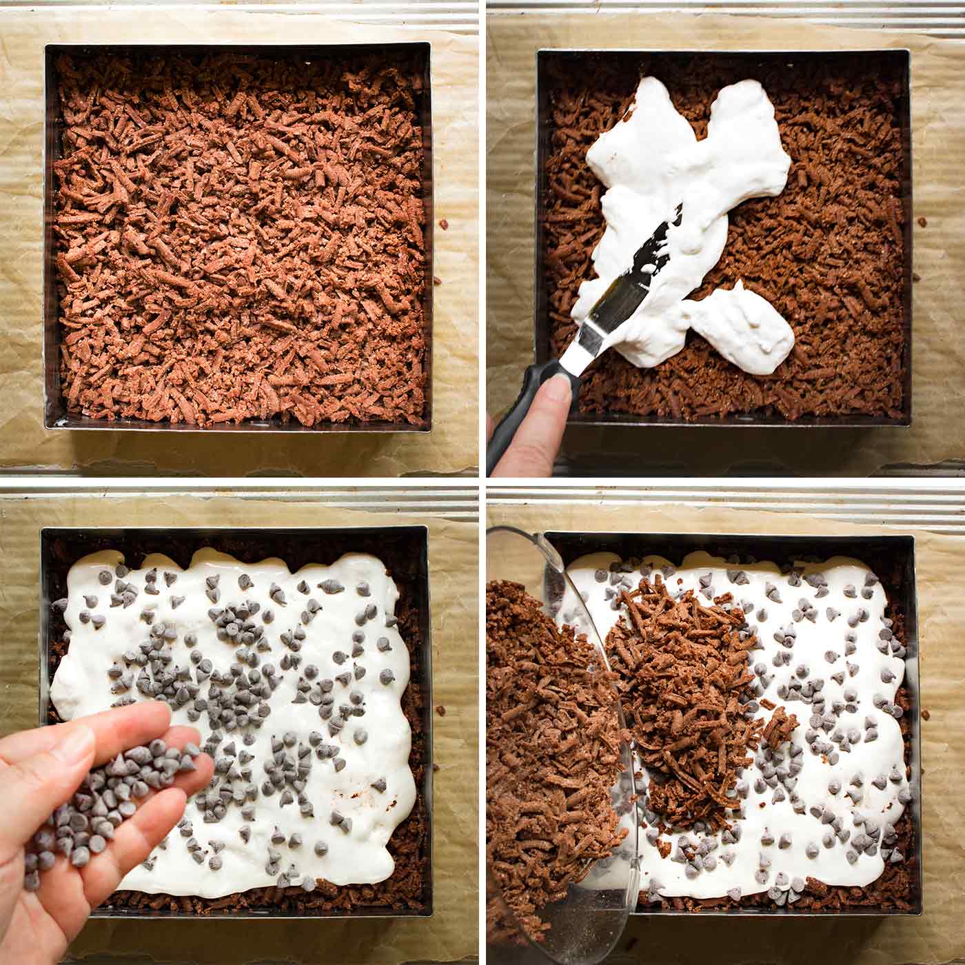 Steps for assembling Chocolate Marshmallow Shortbread Bars