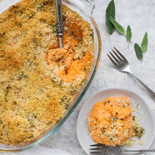 Savory Sweet Potato Casserole in the dish and on a plate