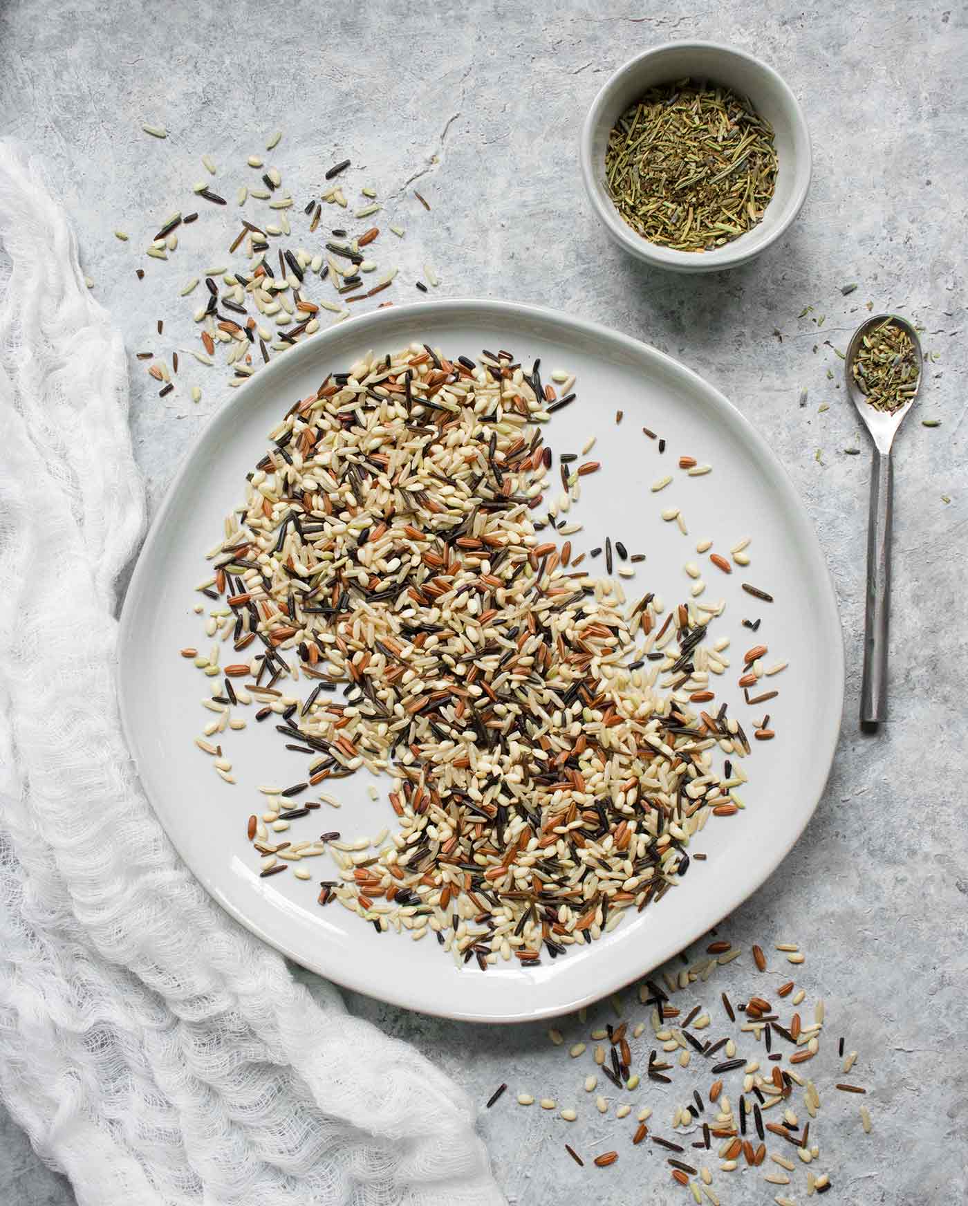 A scattering of wild rice blend across a plate