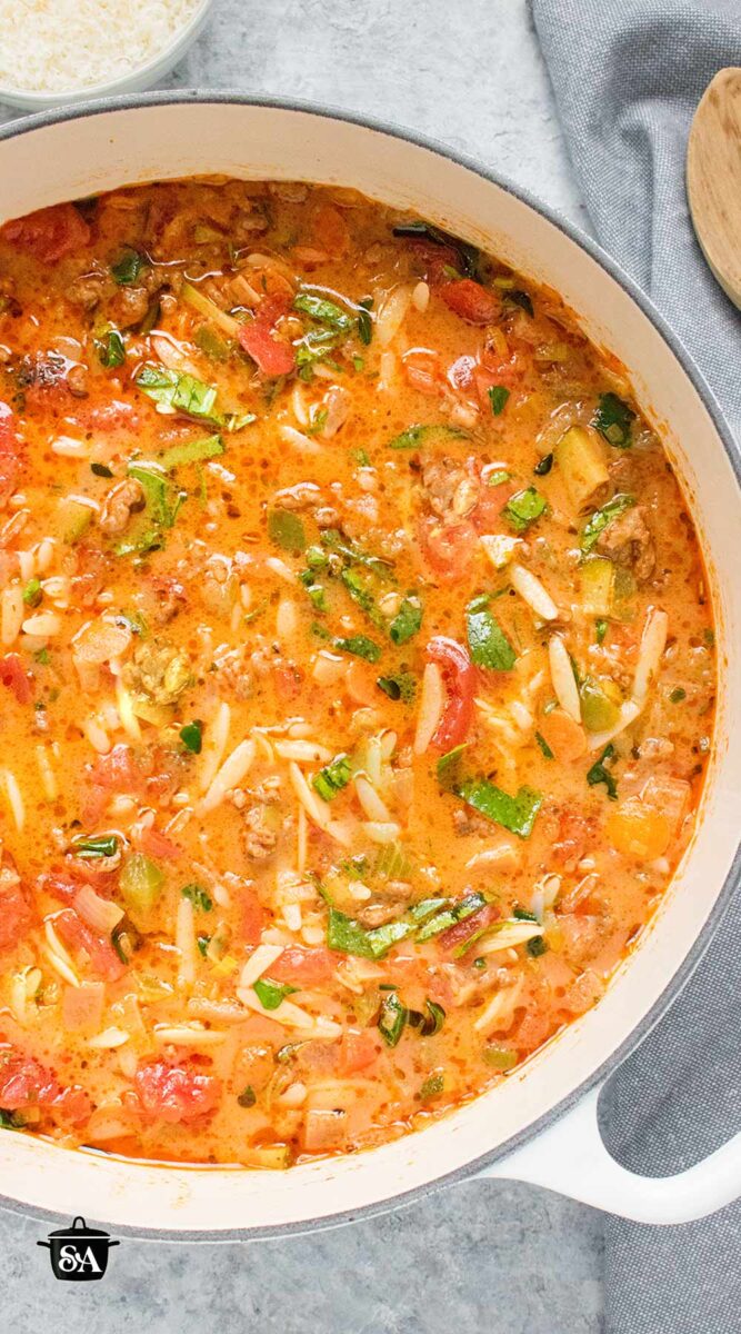 Pinterest pin image for Italian Sausage Orzo Soup featuring an overhead view of the pot of soup.