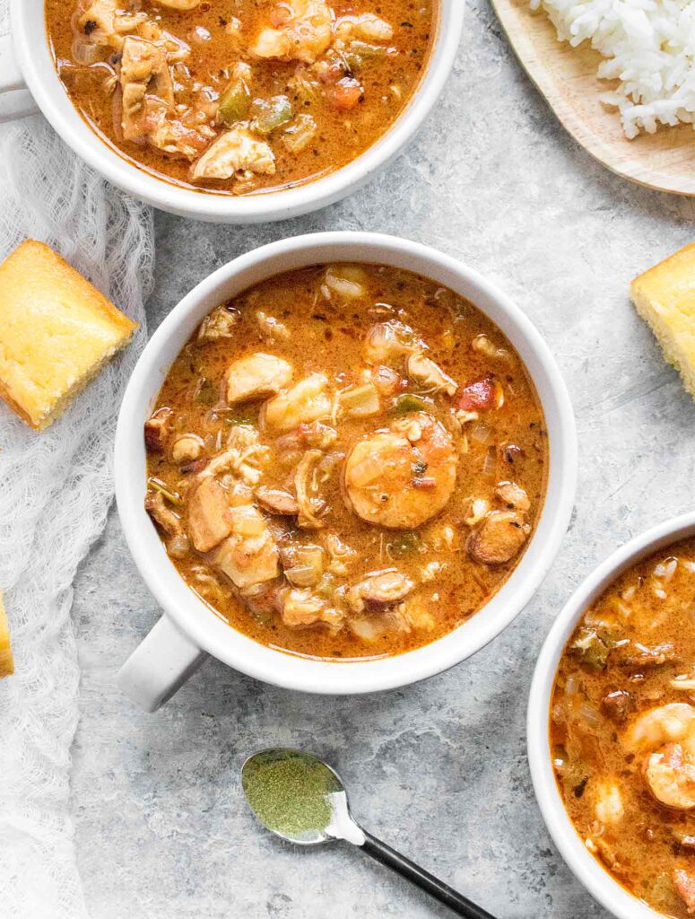 Close-up of a bowl of Chicken Seafood & Sausage Gumbo