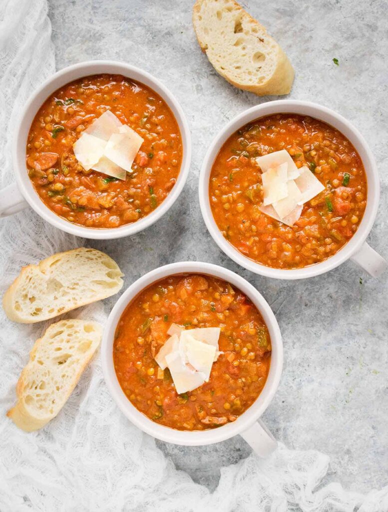 Three bowls of Creole Lentil Soup