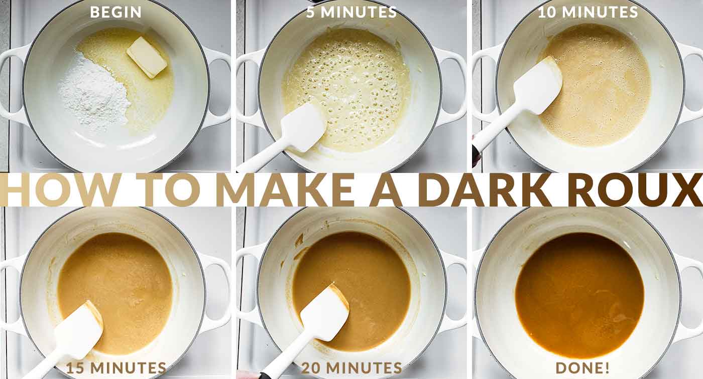 Visual timeline steps for making a dark roux for gumbo