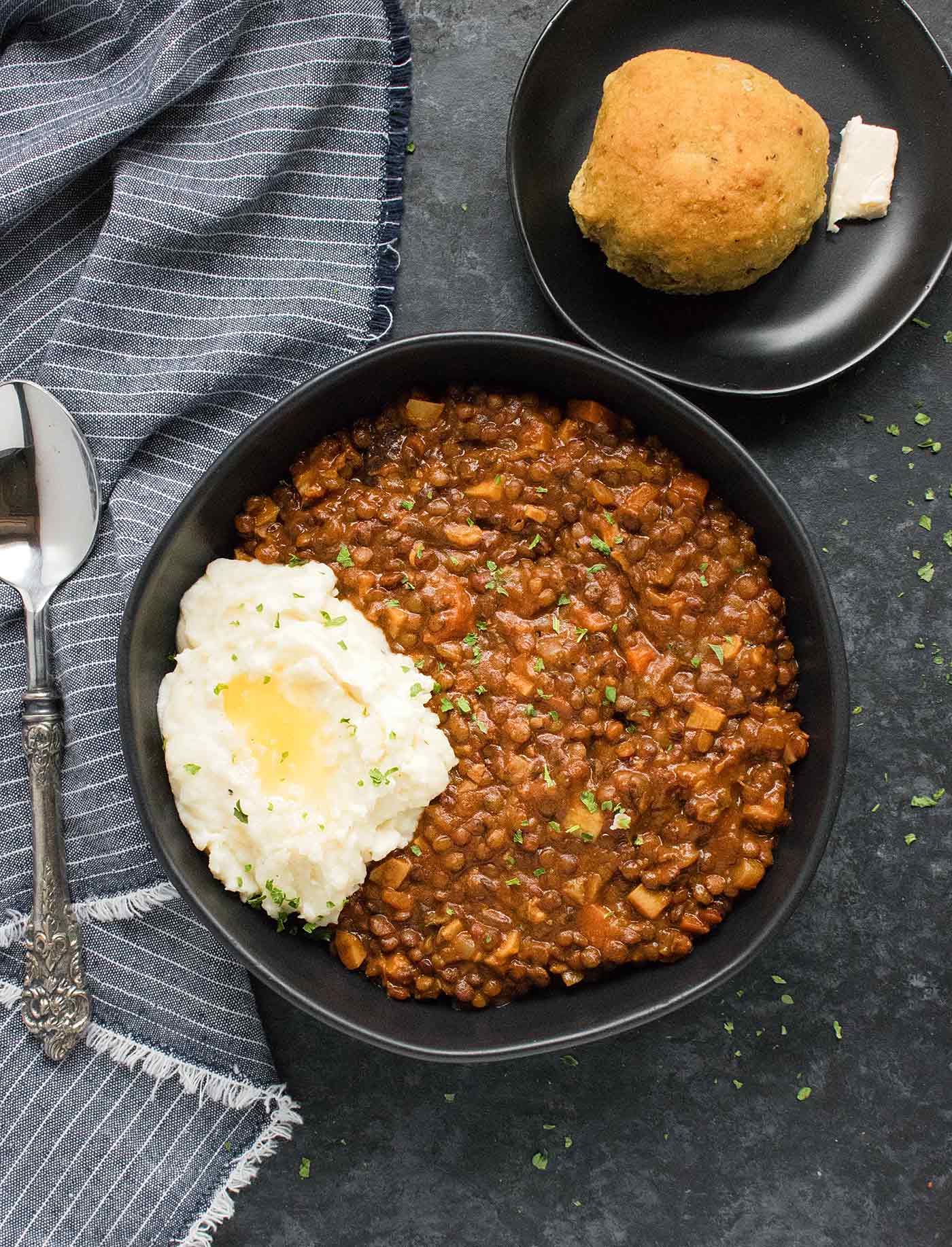 Vegetarian Irish Stew for lentil lovers in a bowl, topped with mashed potatoes