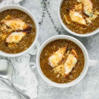 Guinness Onion Soup with Irish Cheddar Toast Points