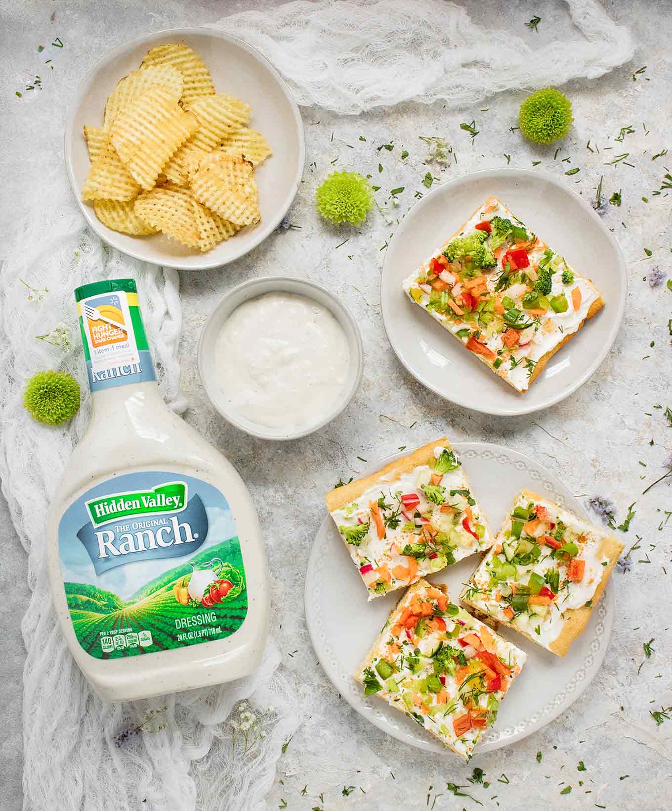 Ranch Veggie Pizza squares with chips and dip