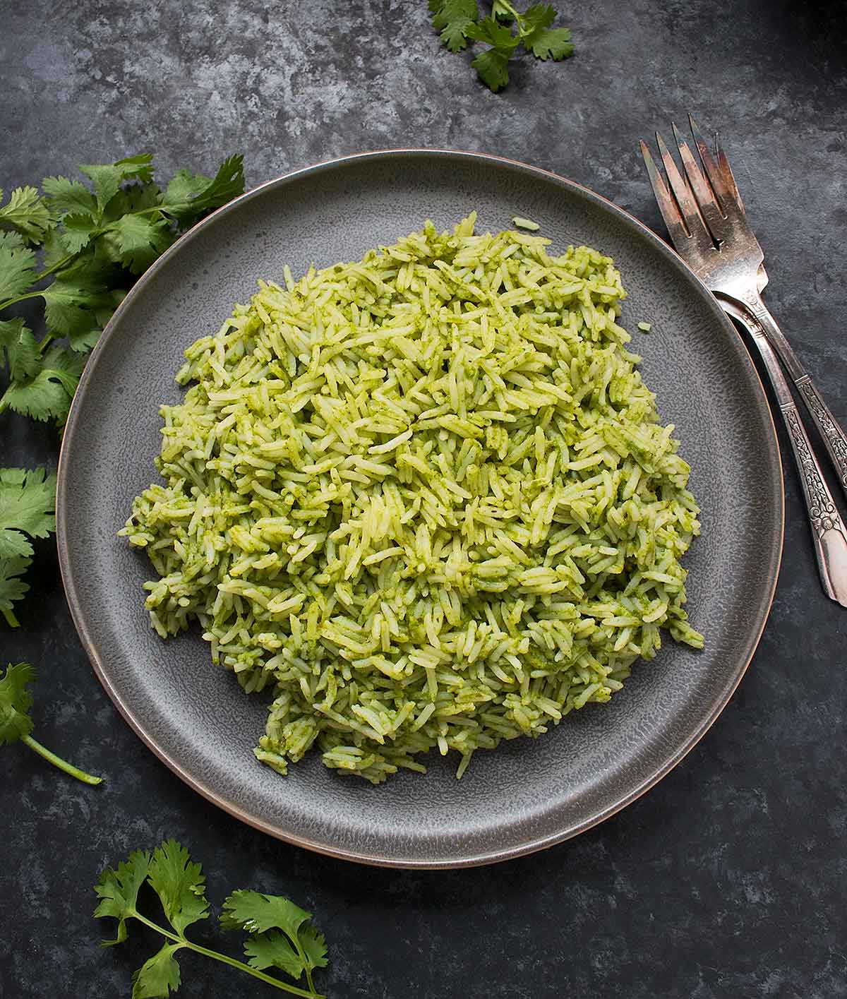 Spicy Green Rice served on a gray plate