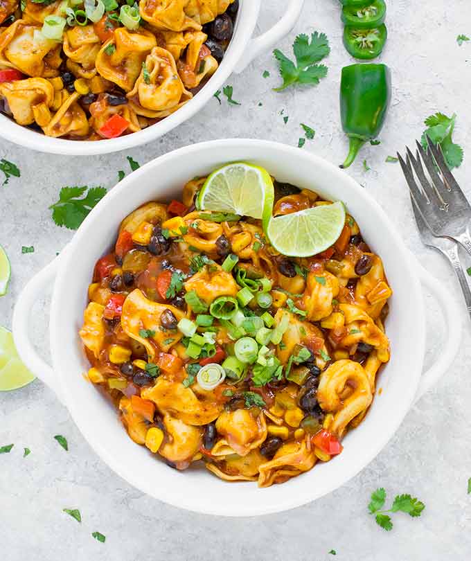 Tex-Mex Tortellini in a white bowl