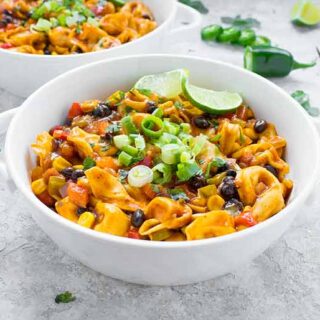 Tex-Mex Tortellini in a white bowl