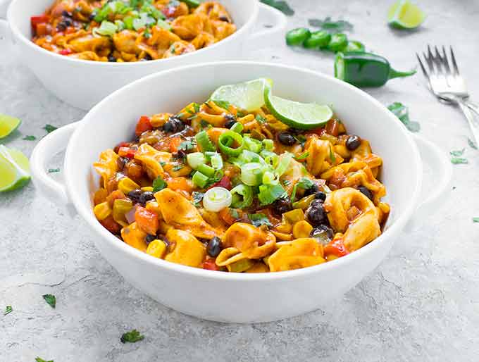 Tex-Mex Tortellini in a white bowl