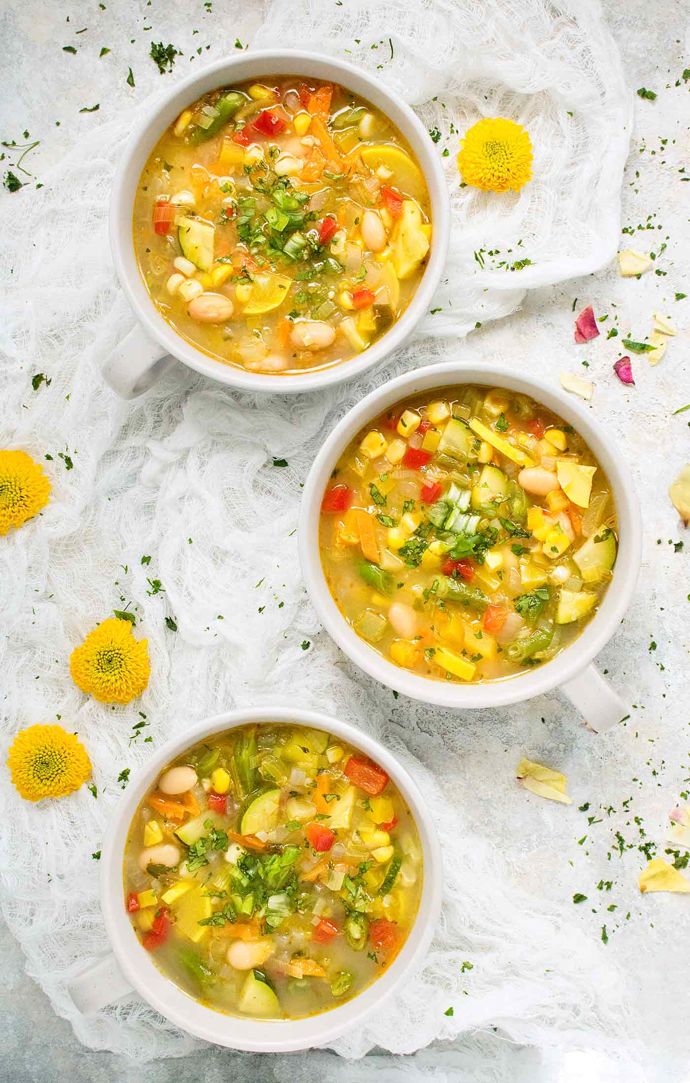 Three bowls of Summer Minestrone