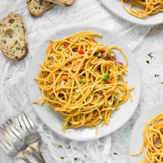 A big plate of cold spaghetti salad