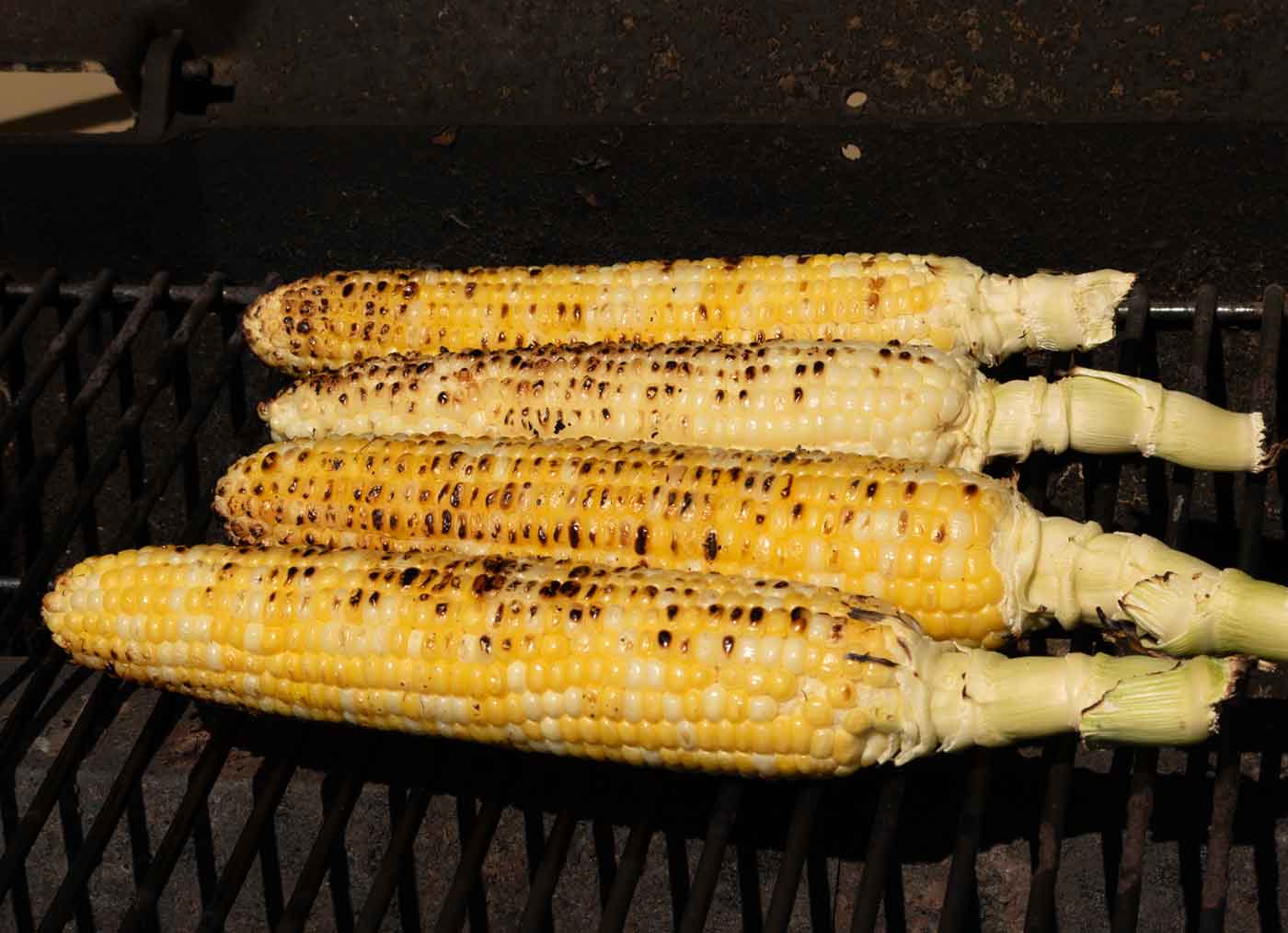 Four ears of corn cooking on an outdoor grill.