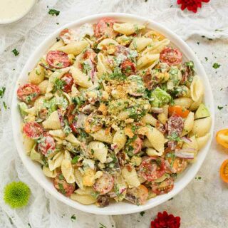 BLT Pasta Salad with a creamy pesto dressing