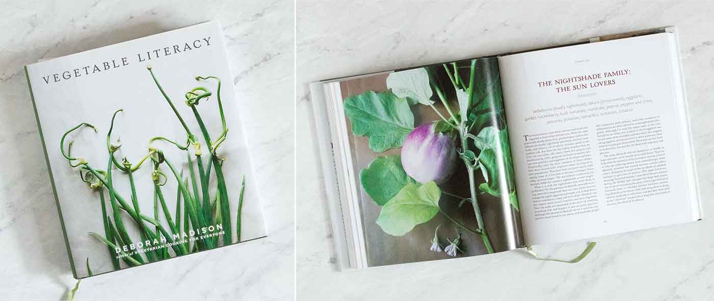 Photo of the book Vegetable Literacy, cover and inside page