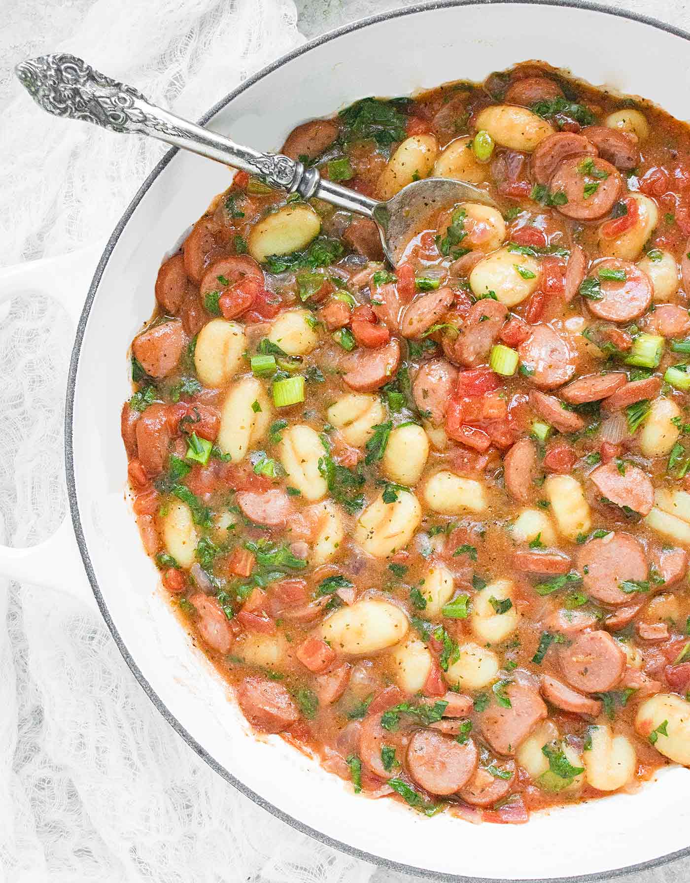 Overhead photo of Smoked Sausage & Gnocchi Skillet