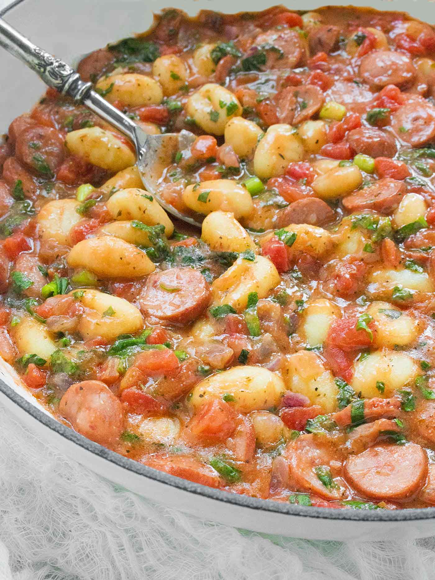 Close-up of Smoked Sausage & Gnocchi in a skillet