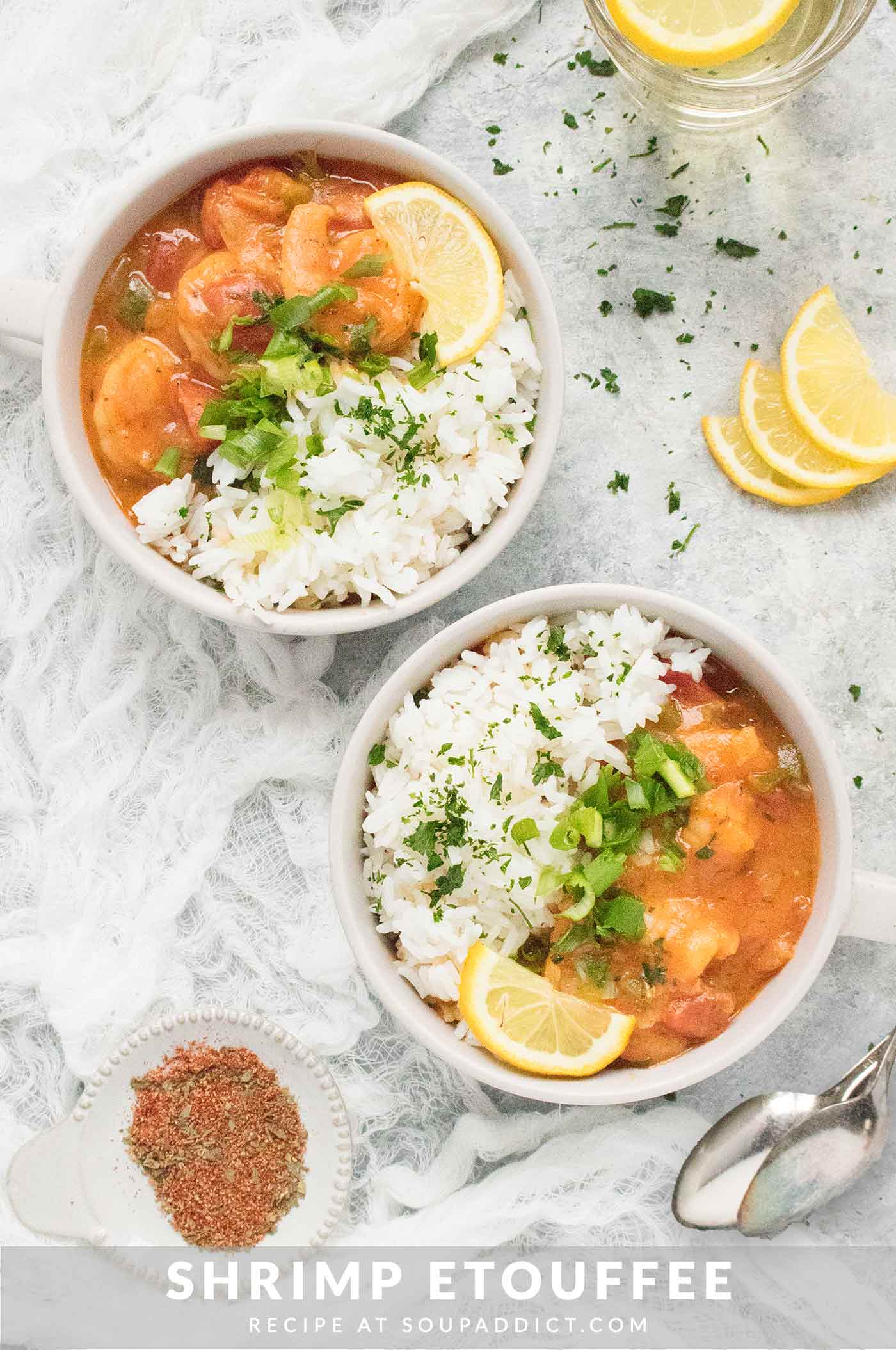 Two bowls of Shrimp Etouffee with white rice