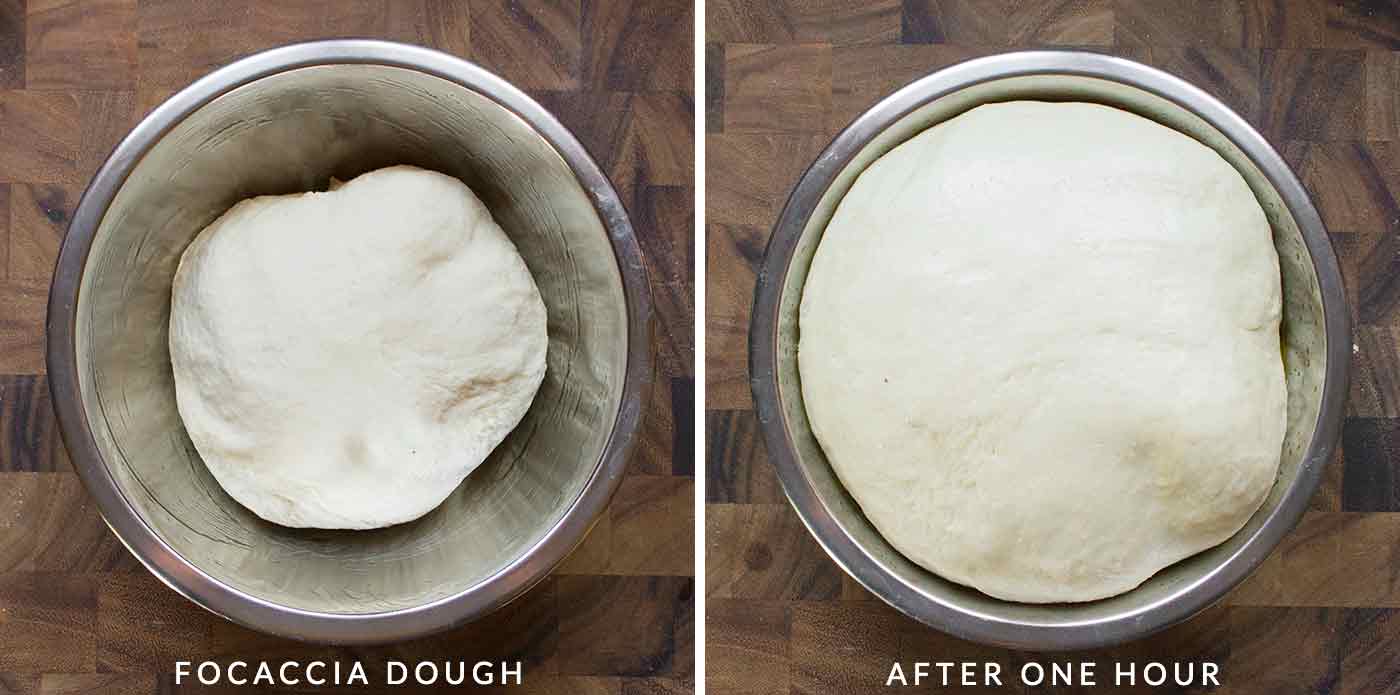Fococcia dough, before and after its rise.