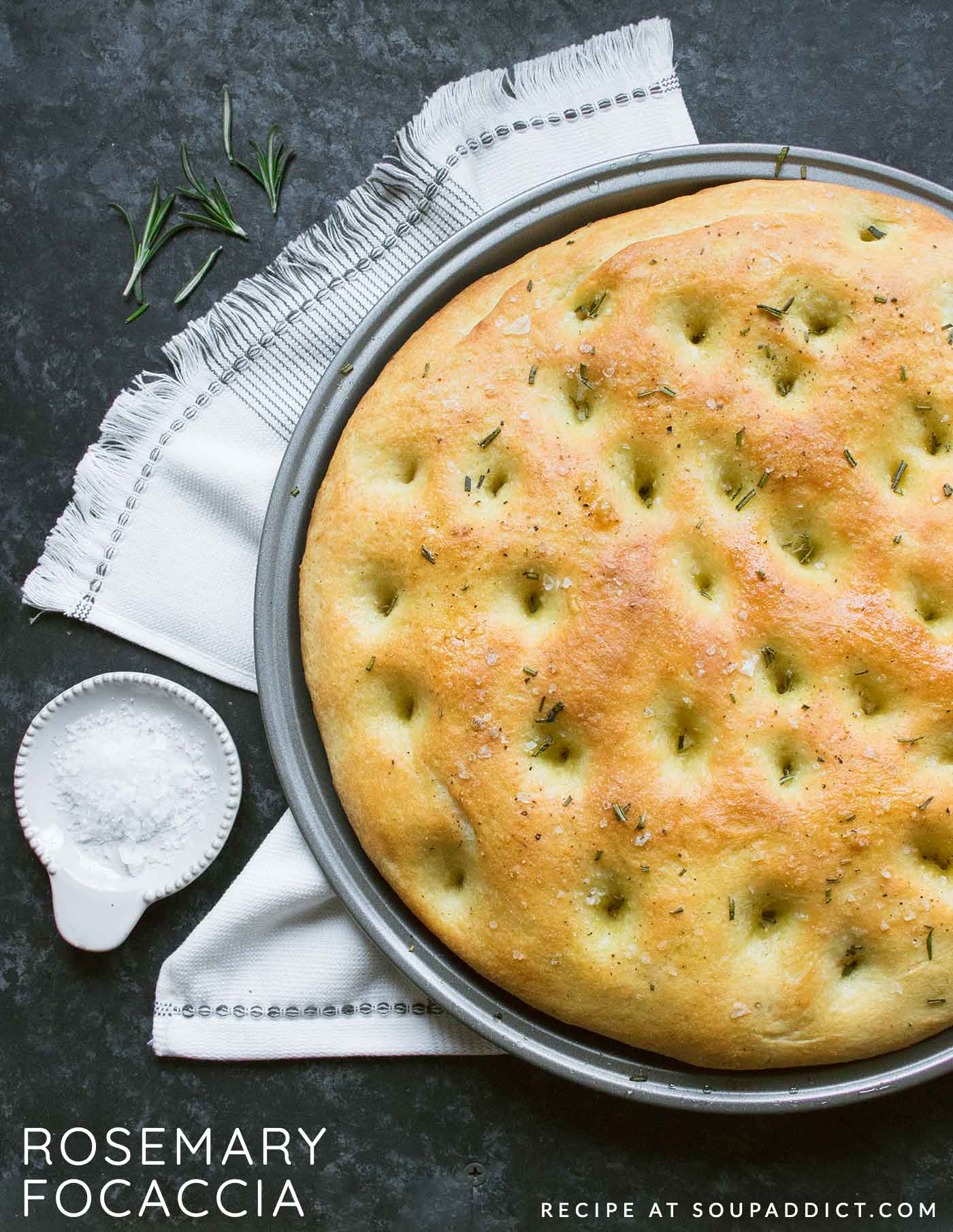 Freshly baked Rosemary Focaccia on a pizza pan