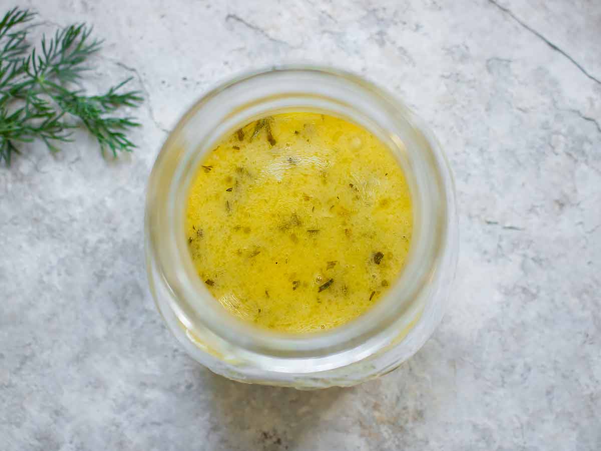 Homemade lemon dill miso dressing in a jar