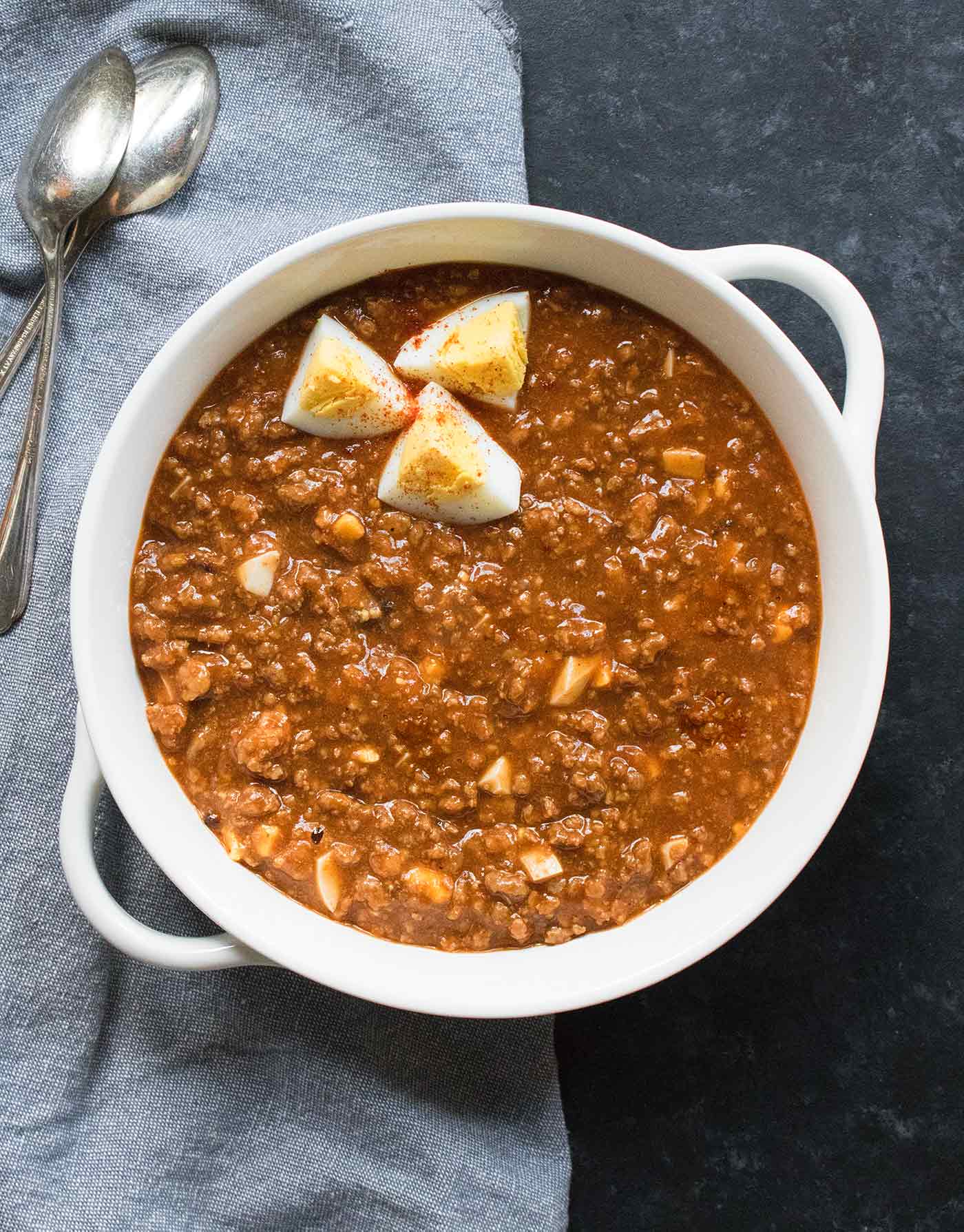 Mock Turtle Soup in a white bowl with handles