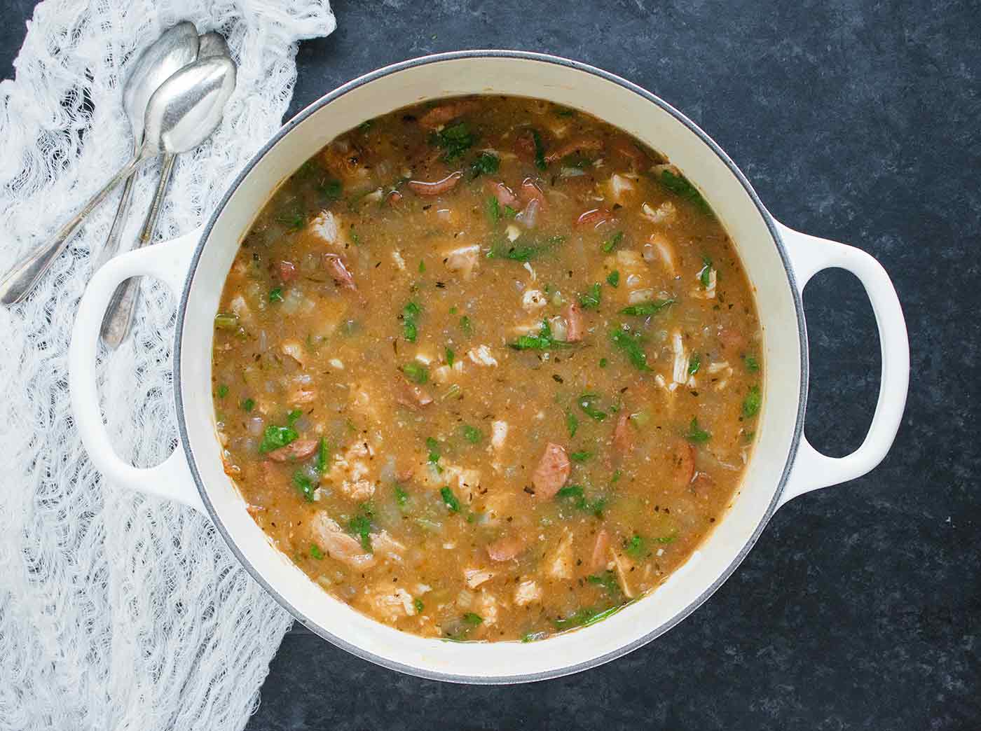 Turkey White Bean Soup in a white Dutch oven