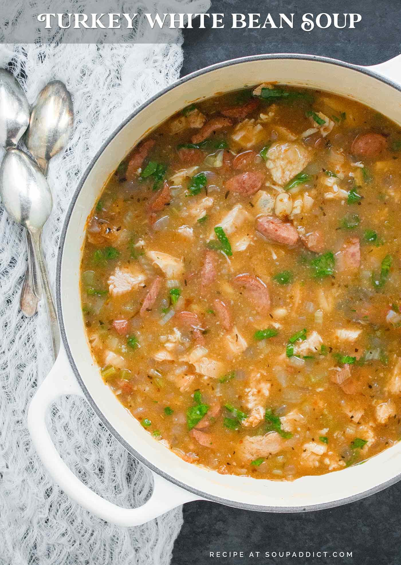 Turkey White Bean Soup in a white Dutch oven