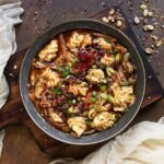 Potsticker Soup in a gray soup bowl.