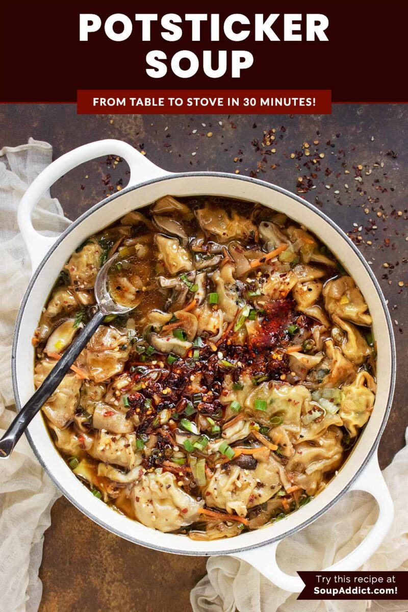 Pinterest pin image for Potsticker Soup.