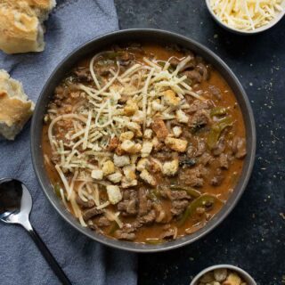 A bowl of Philly Cheesesteak Soup.