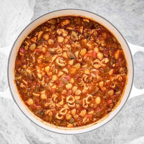 Chicken Chili Soup in a white Dutch oven.