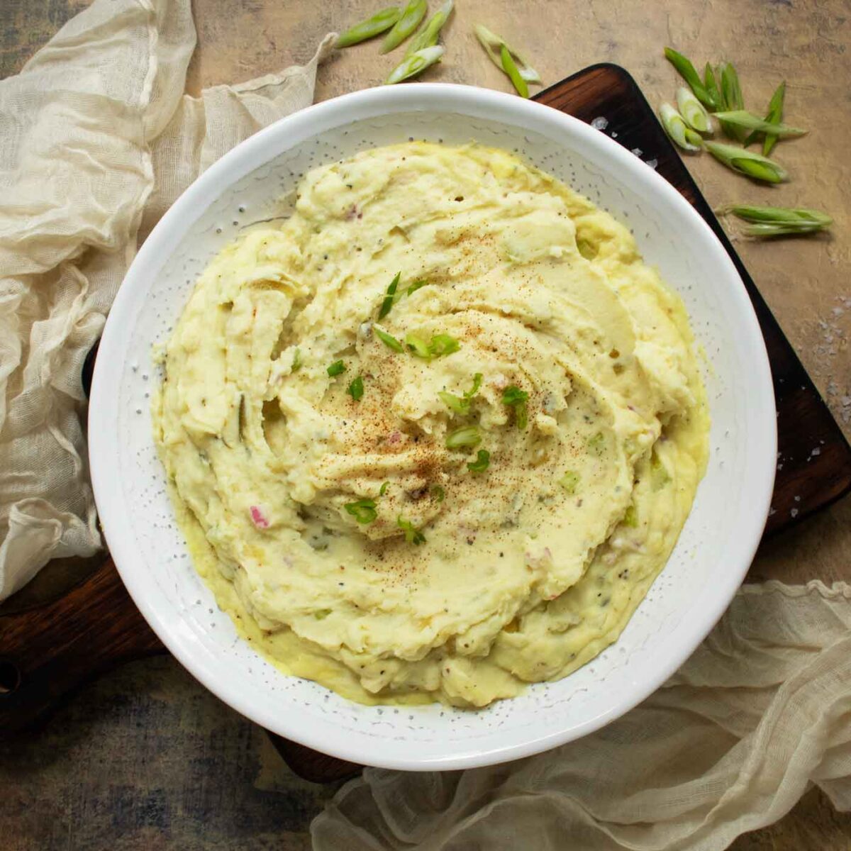 Mashed Potato Salad in a white bowl.