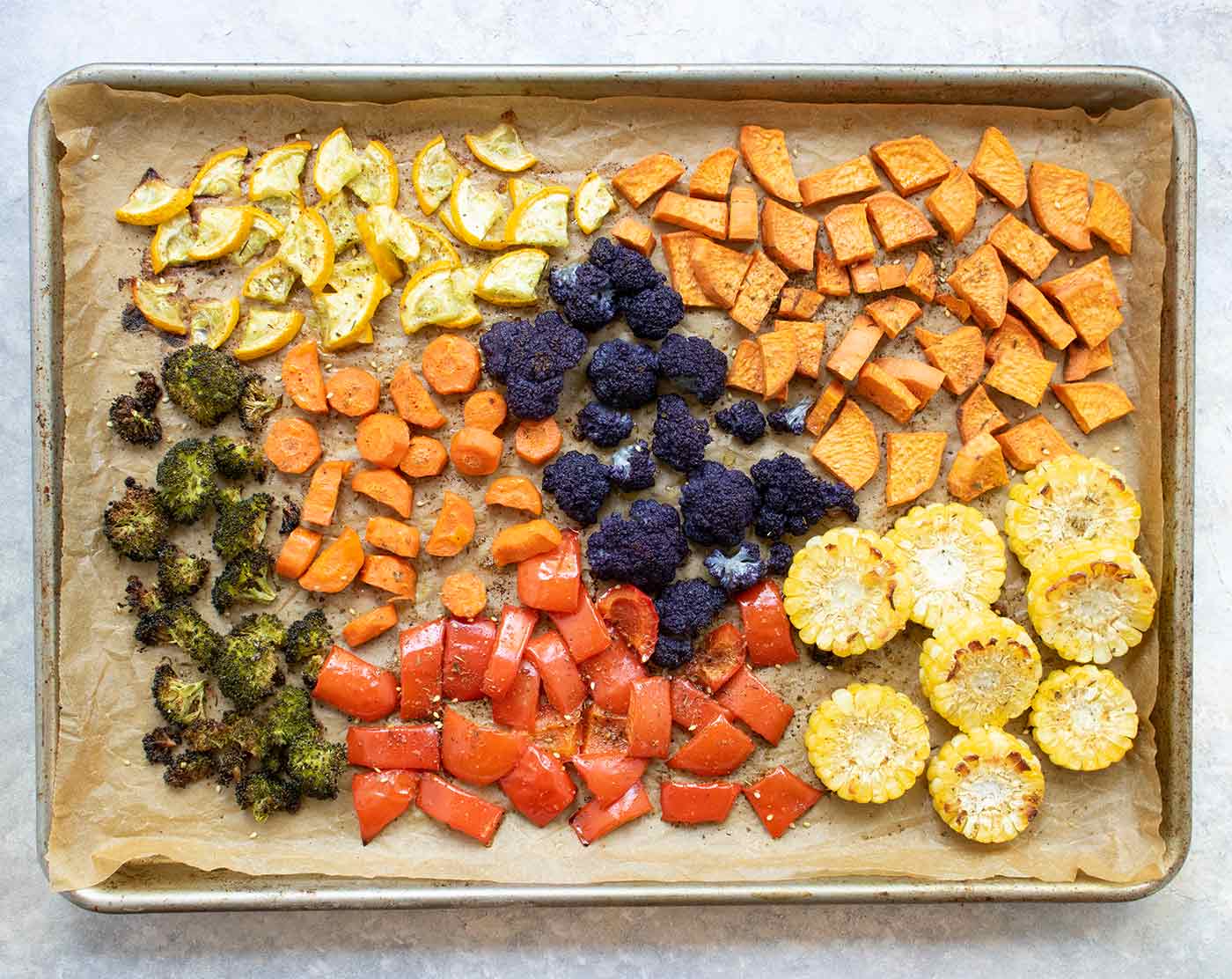 Roasted vegetables fresh from the oven.