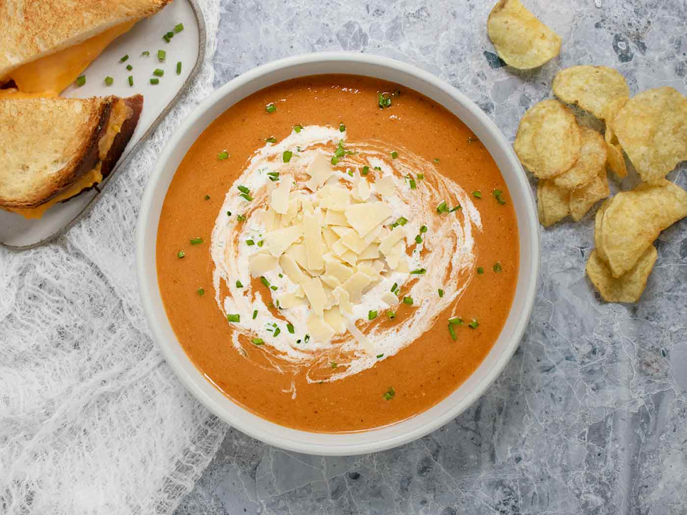 Overhead view of a bowl of Air Fried Roasted Tomato Soup.