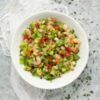 Avocado Shrimp Salsa Salad in a white serving bowl.
