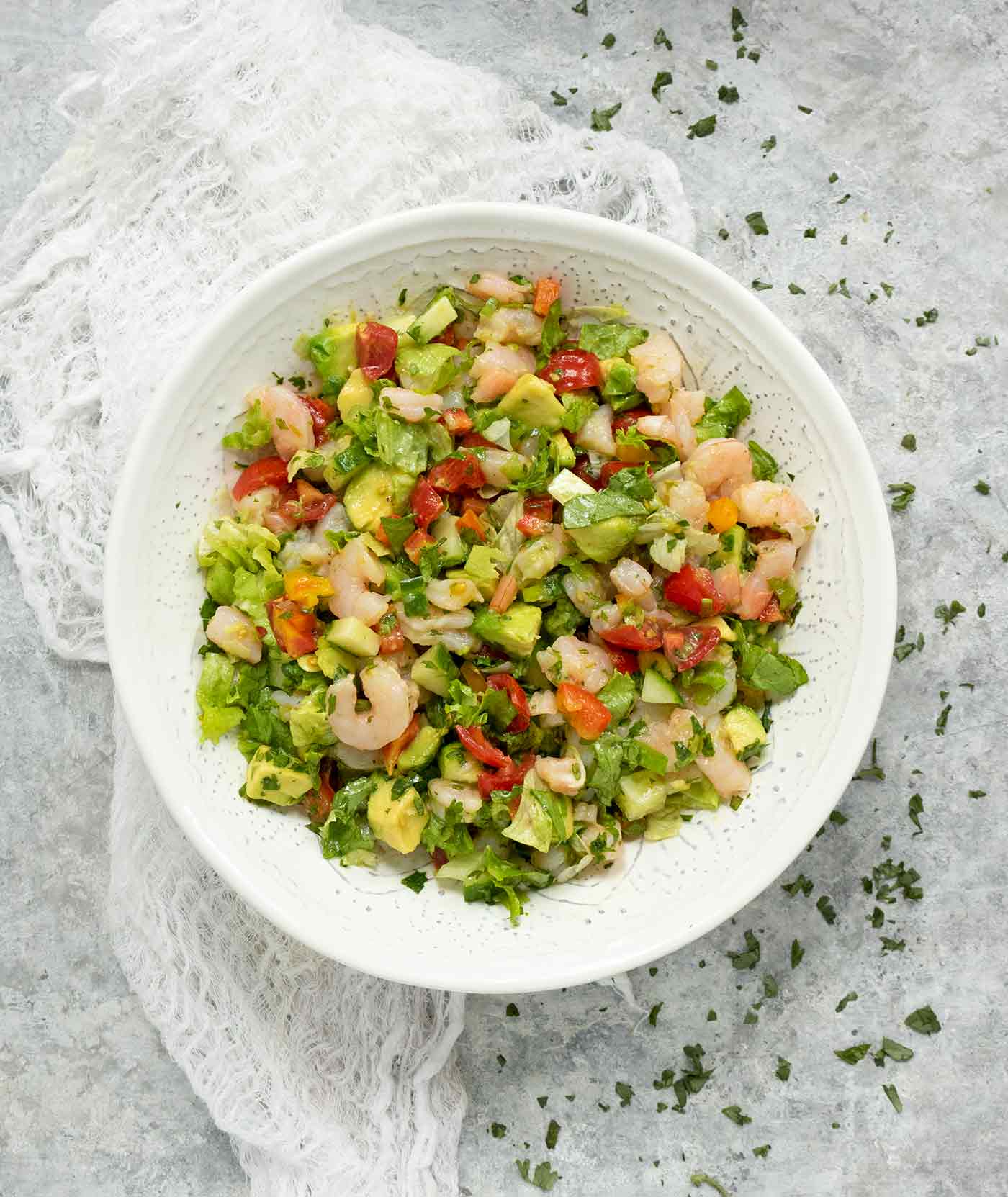 Avocado Shrimp Salsa Salad in a white serving bowl.