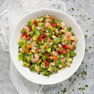 Avocado Shrimp Salsa Salad in a white serving bowl.