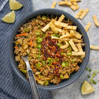 Overhead view of Egg Roll in a Bowl.