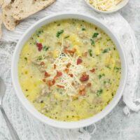 Tuscan Potato Soup in a light gray bowl.