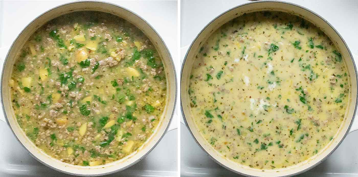 Final steps in the cooking of Tuscan Potato Soup: add spinach and cream.