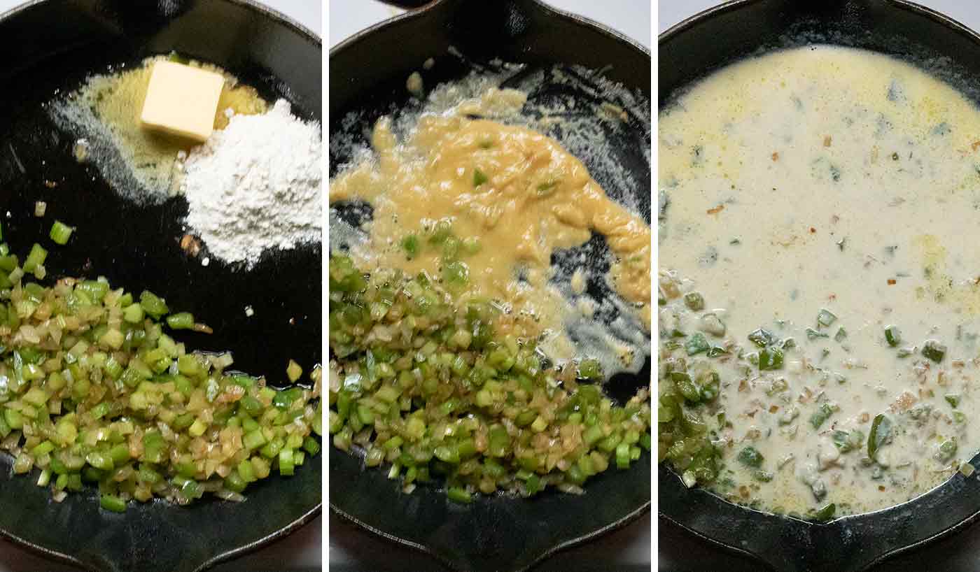 Photo collage of creating the roux and bechamel sauce.