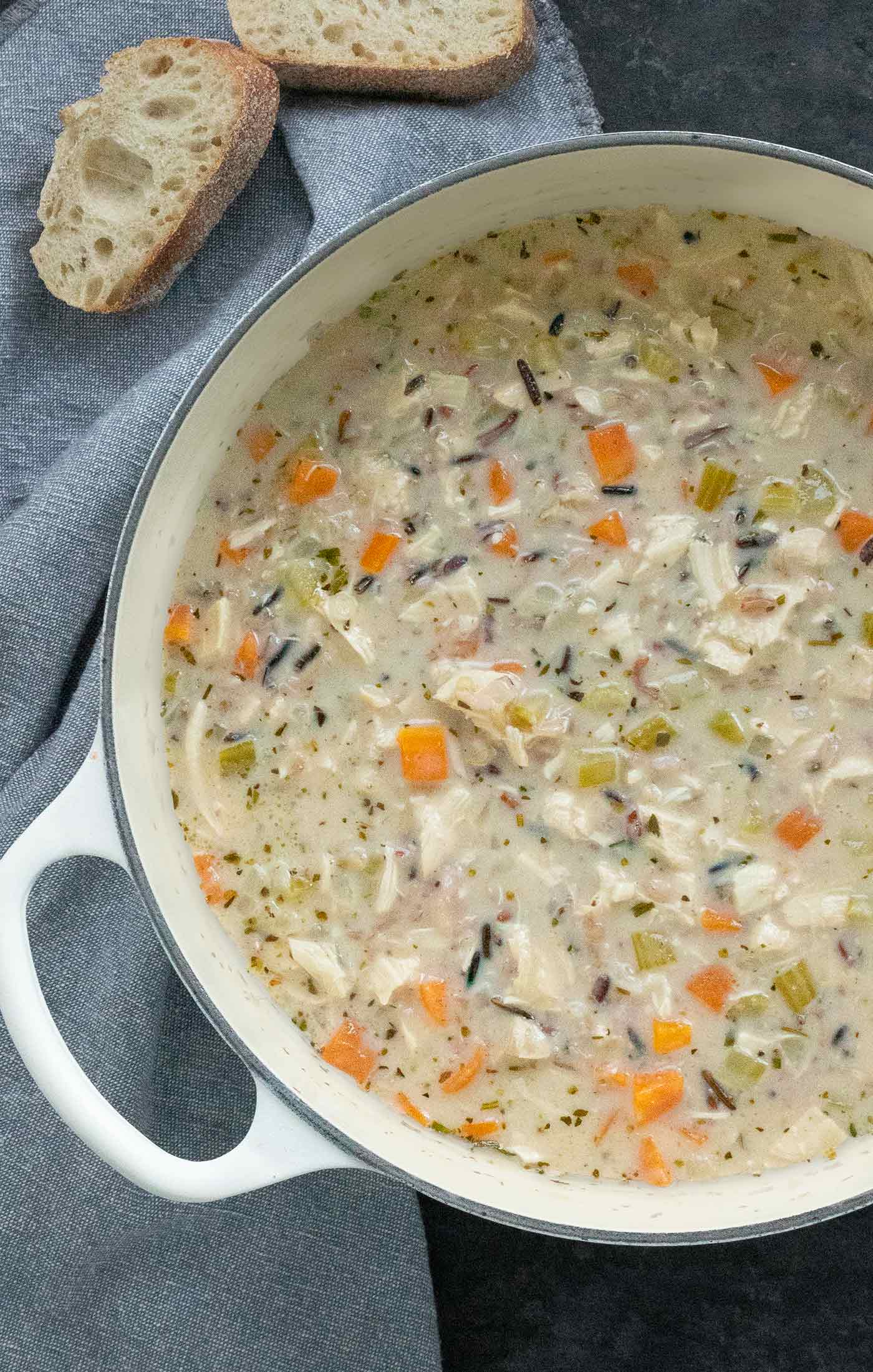 Leftover Turkey Wild Rice Soup in a large soup pot.